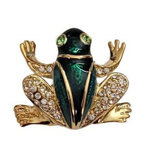 Roman Gold Tone Green Enamel Rhinestone Frog Brooch Pin, Signed L29